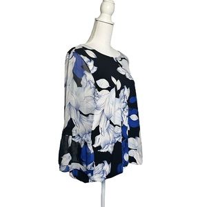 Alfani Blue and White Floral Blouse with Sheer Sleeves